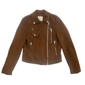 Pull & Bear‎ Faux Vegan Leather Moto Biker Jacket, Caramel Chocolate, Size M